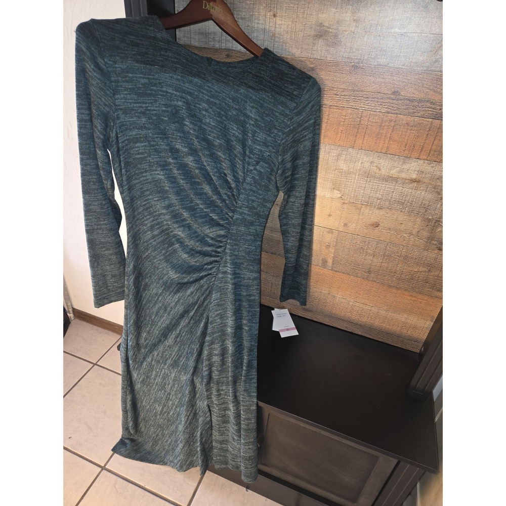 green heathered ruched stretch knit crew neck sheath midi 10 Christmas elegant
